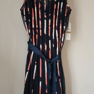 Elegant Navy and Coral Striped Dress